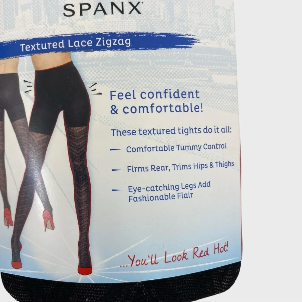 Spanx Red Hot Label NWT Black Tummy Control Textured Lace Zig Zag Tights Size 4